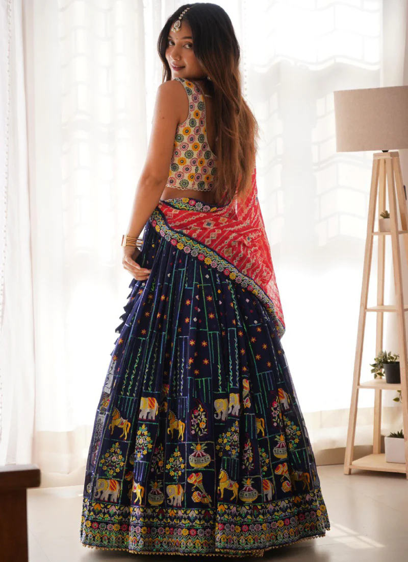 Heavy Thread Embroidered Georgette Navy Blue Wedding Lehenga Choli - Image 6