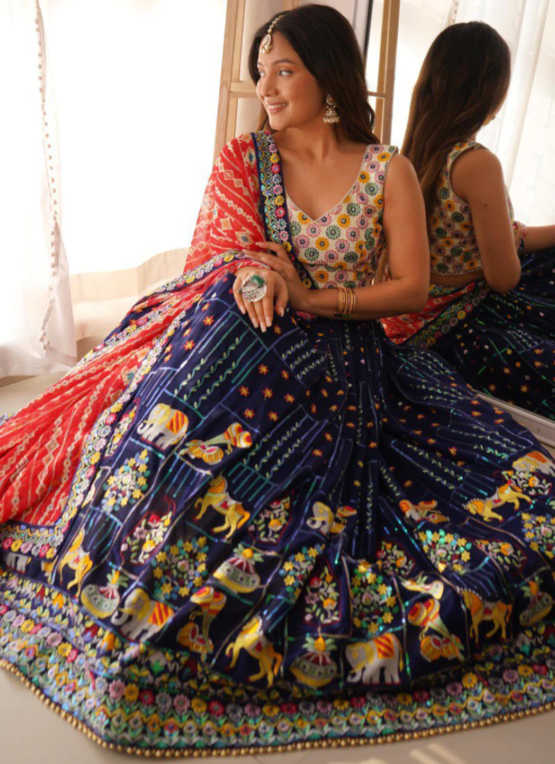 Heavy Thread Embroidered Georgette Navy Blue Wedding Lehenga Choli - Image 7