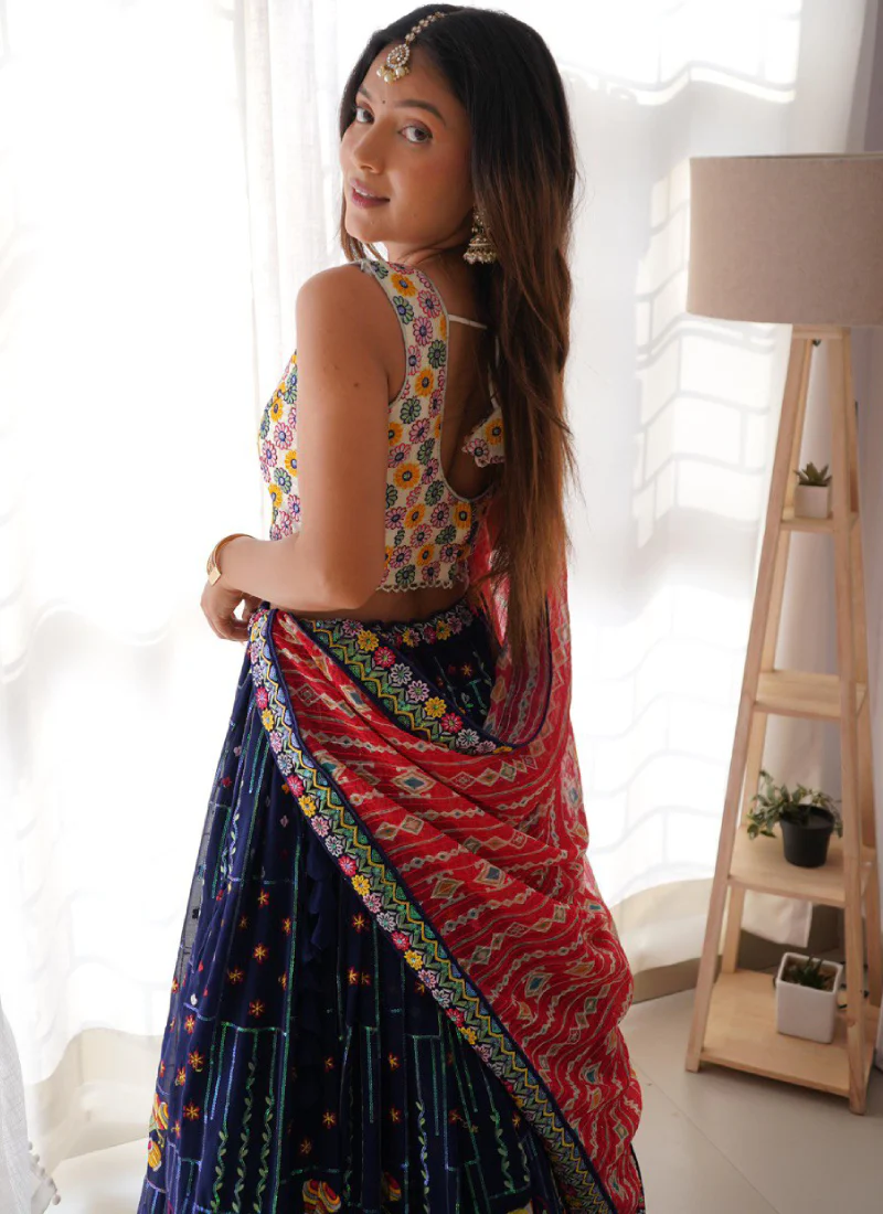 Heavy Thread Embroidered Georgette Navy Blue Wedding Lehenga Choli - Image 8