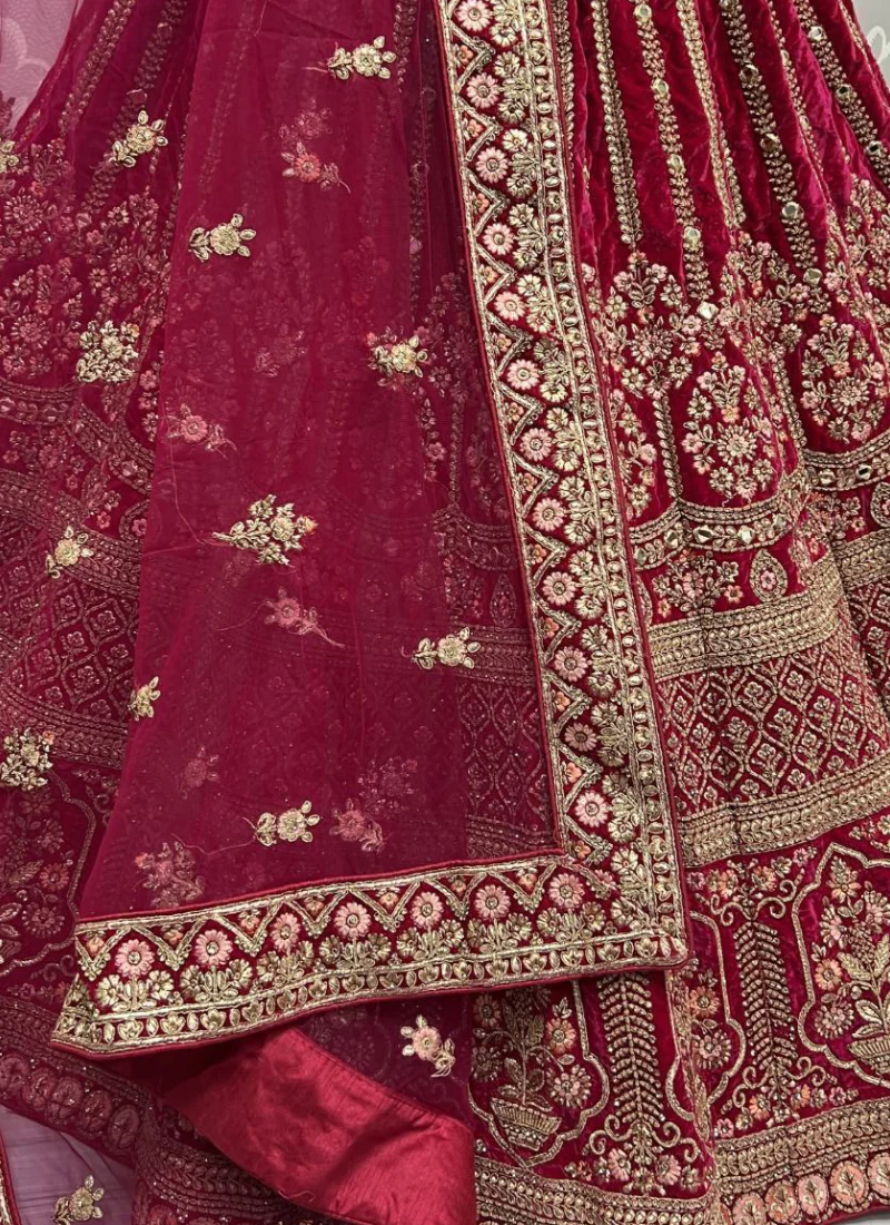 Heavy Velvet Dark Pink Multi Thread Work Bridal Lehenga Choli - Image 4