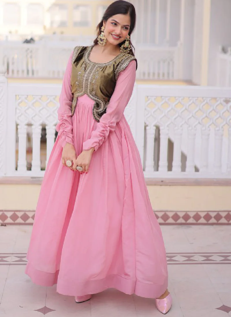 Heavy Work Jacket With Chanderi Silk Plain Light Pink Stitched Gown - Image 4