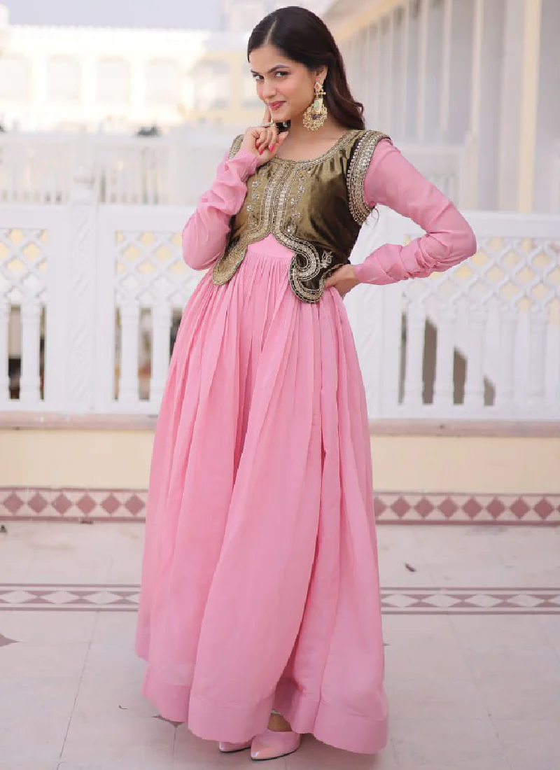 Heavy Work Jacket With Chanderi Silk Plain Light Pink Stitched Gown - Image 5