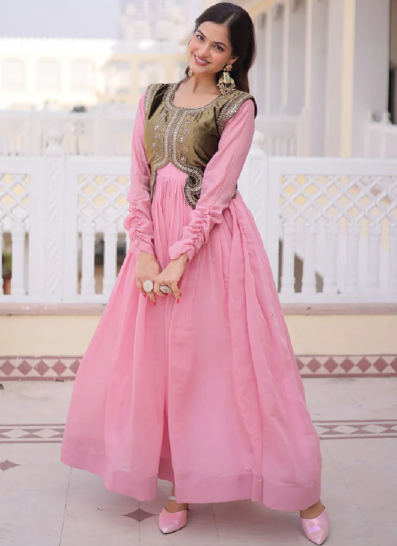 Heavy Work Jacket With Chanderi Silk Plain Light Pink Stitched Gown - Image 6