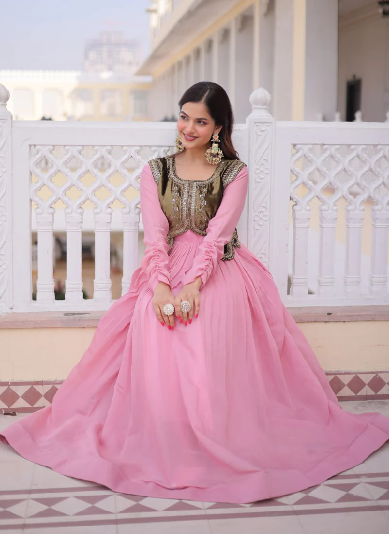 Heavy Work Jacket With Chanderi Silk Plain Light Pink Stitched Gown - Image 7