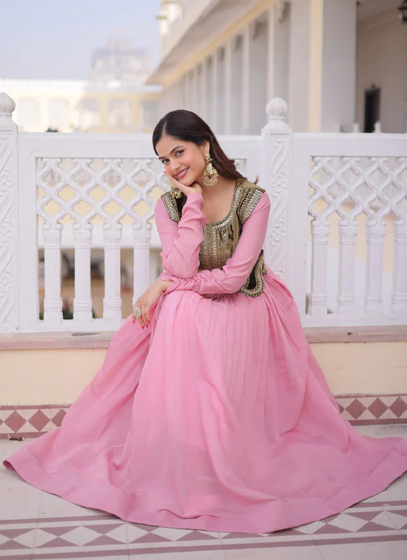 Heavy Work Jacket With Chanderi Silk Plain Light Pink Stitched Gown - Image 8
