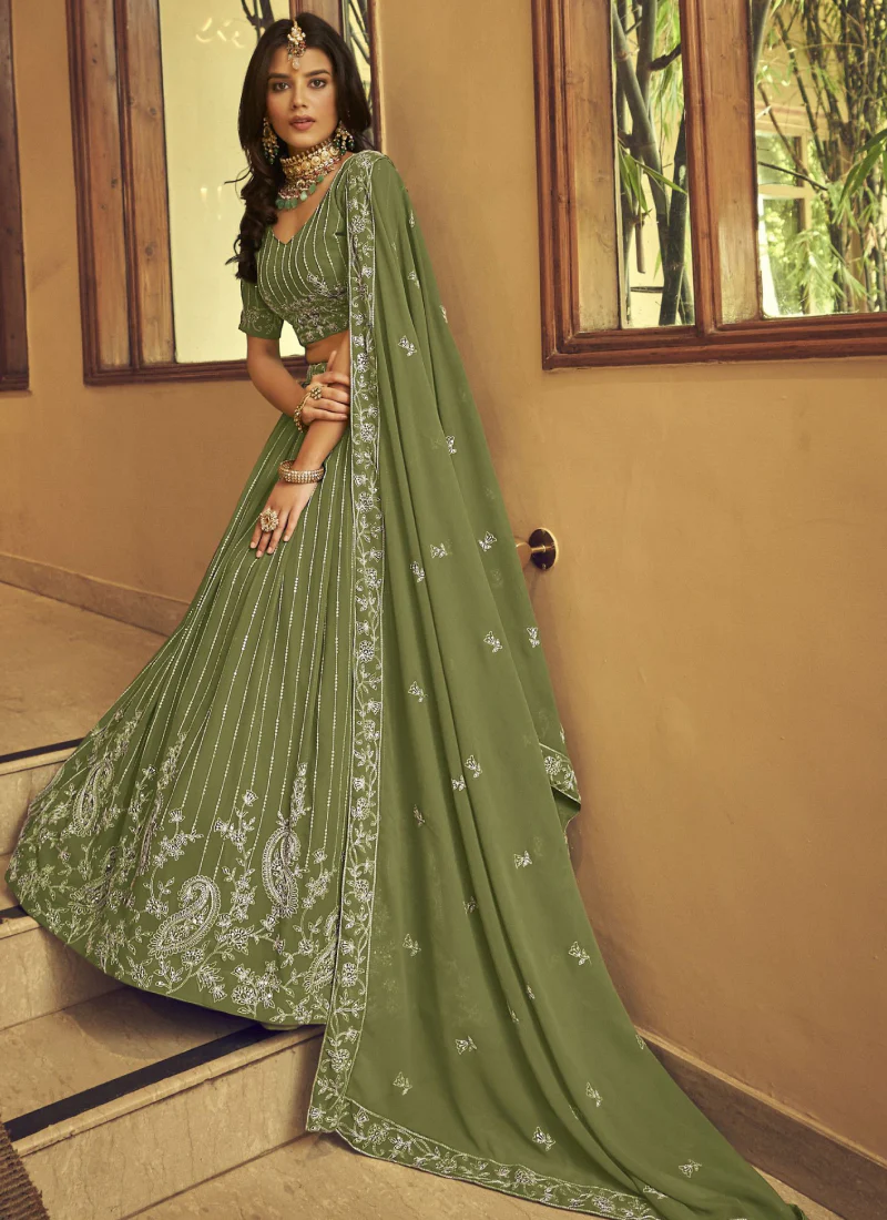 Incredible Faux Georgette Mehendi Green Viscose Work Lehenga - Image 2