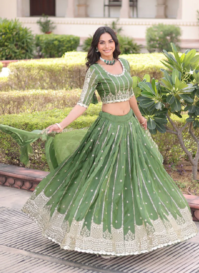 Incredible Gold Crush Pista Green Zari Embroidered Lehenga Choli Set - Image 10