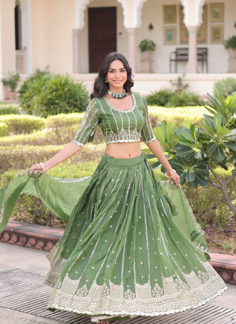 Incredible Gold Crush Pista Green Zari Embroidered Lehenga Choli Set - Image 11