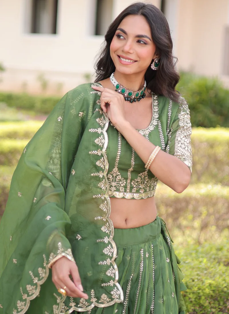 Incredible Gold Crush Pista Green Zari Embroidered Lehenga Choli Set - Image 13