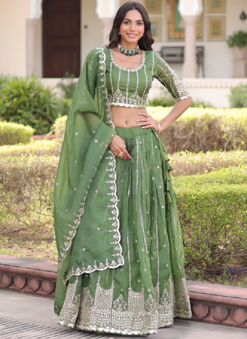 Incredible Gold Crush Pista Green Zari Embroidered Lehenga Choli Set - Image 3