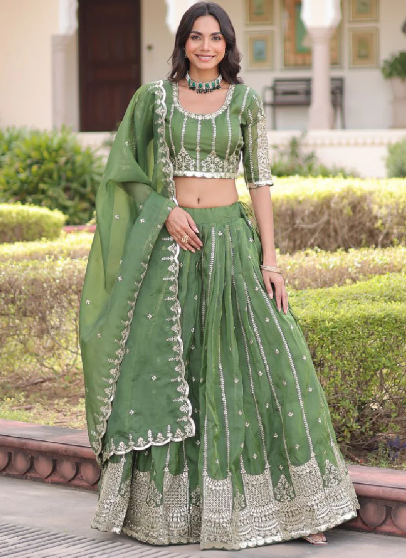 Incredible Gold Crush Pista Green Zari Embroidered Lehenga Choli Set - Image 5