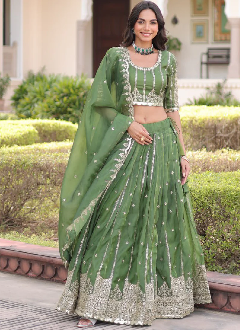 Incredible Gold Crush Pista Green Zari Embroidered Lehenga Choli Set - Image 6