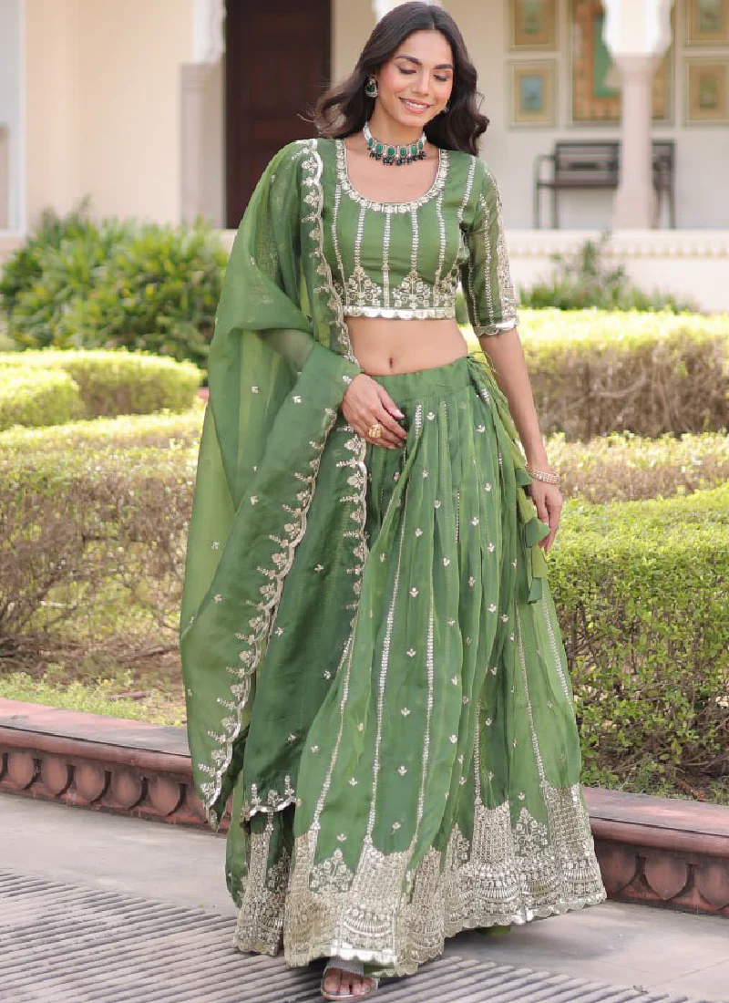 Incredible Gold Crush Pista Green Zari Embroidered Lehenga Choli Set - Image 7
