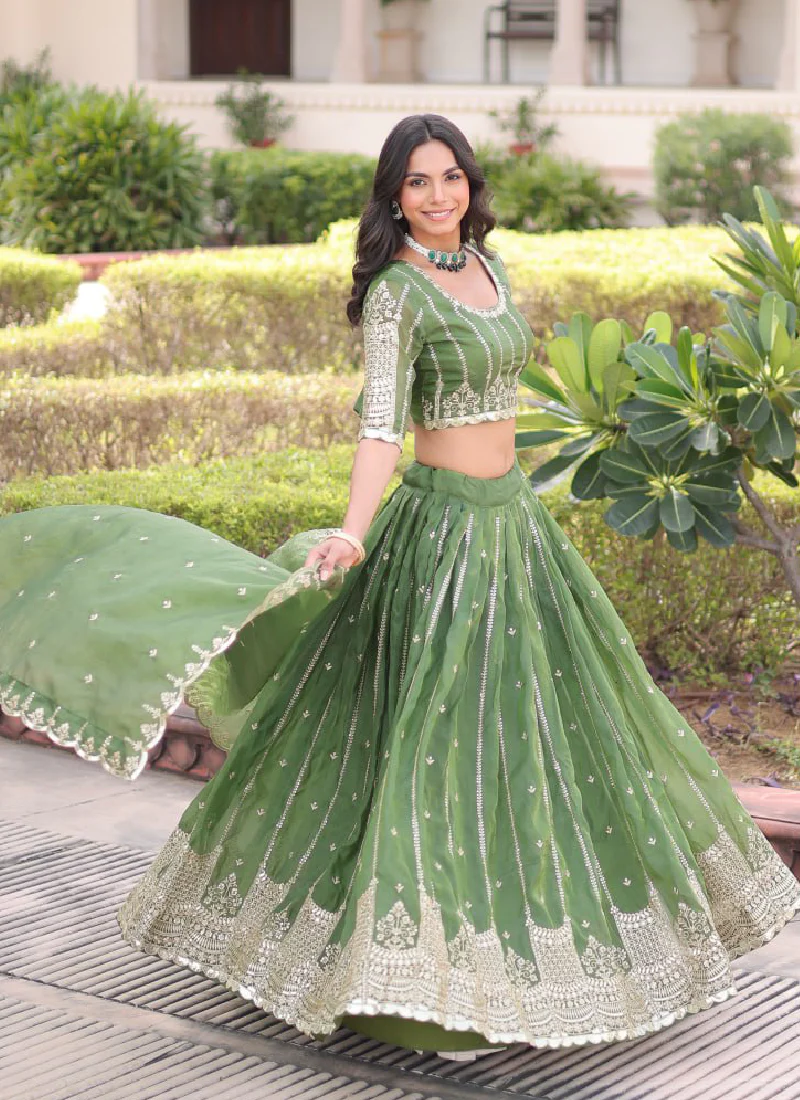 Incredible Gold Crush Pista Green Zari Embroidered Lehenga Choli Set - Image 8