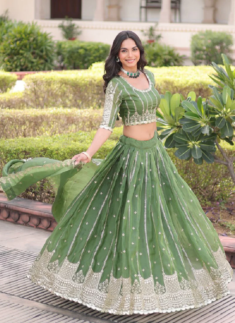 Incredible Gold Crush Pista Green Zari Embroidered Lehenga Choli Set - Image 9