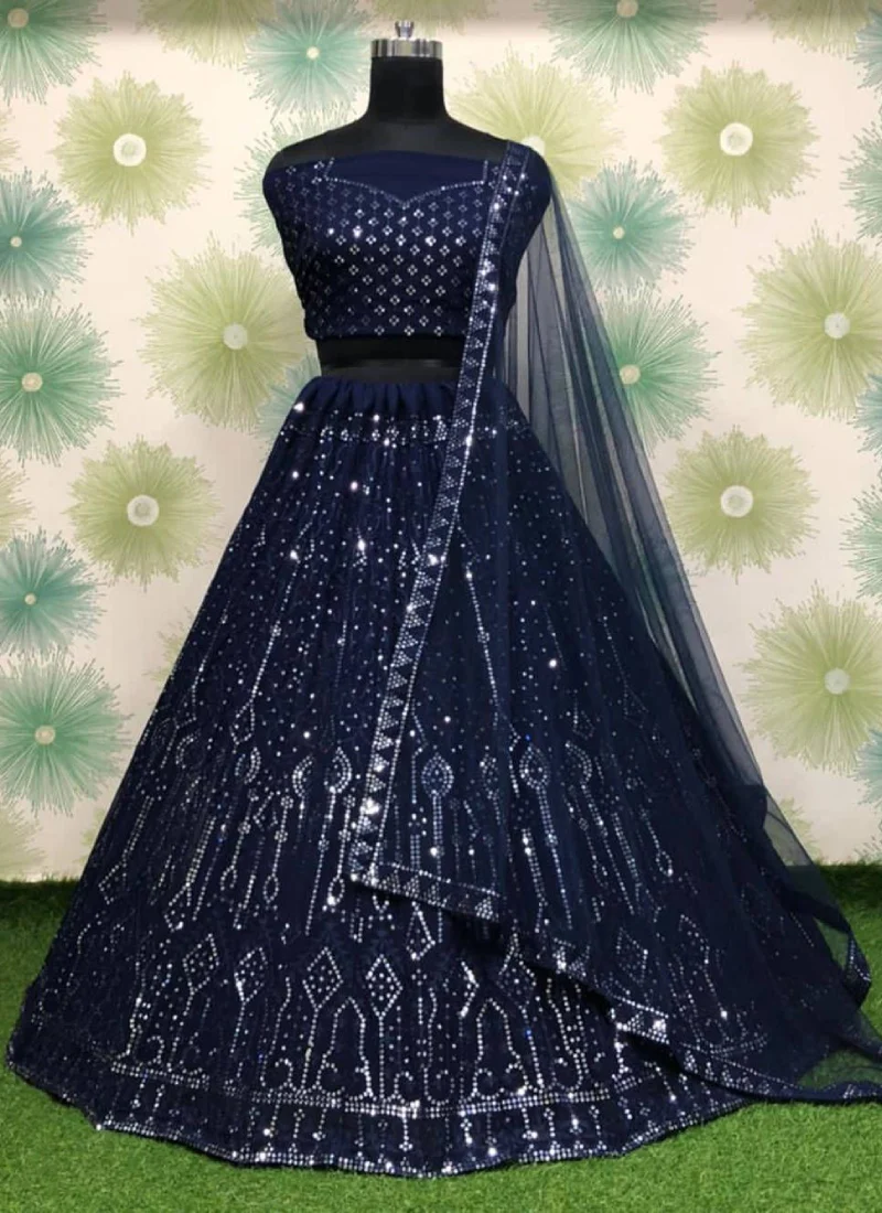 Incredible Navy Blue Sequence Work Georgette Lehenga Choli - Image 3