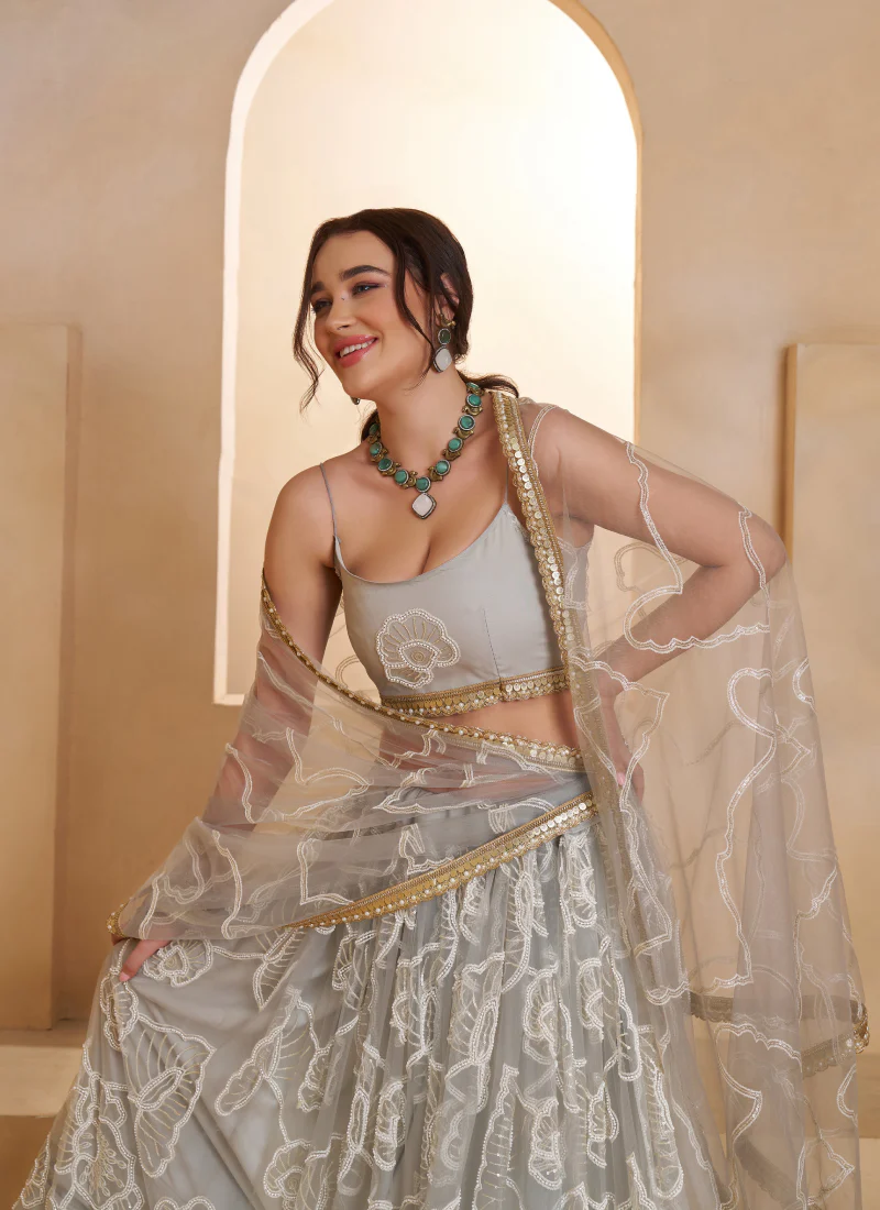 Incredible Net Beads Thread Embroidered Work Light Grey Lehenga Choli - Image 2