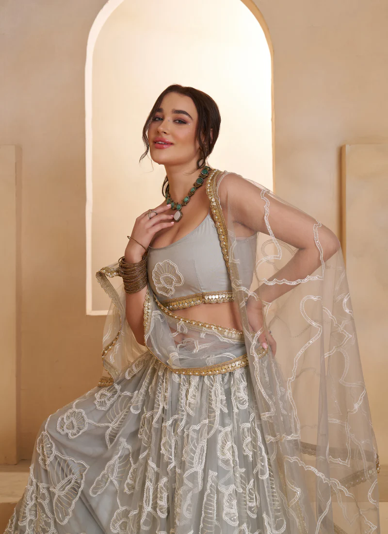Incredible Net Beads Thread Embroidered Work Light Grey Lehenga Choli - Image 3