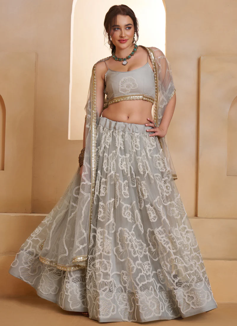 Incredible Net Beads Thread Embroidered Work Light Grey Lehenga Choli - Image 4