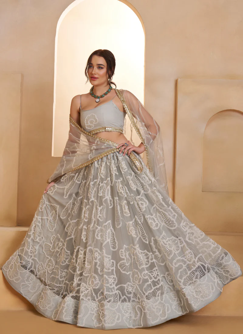 Incredible Net Beads Thread Embroidered Work Light Grey Lehenga Choli - Image 6