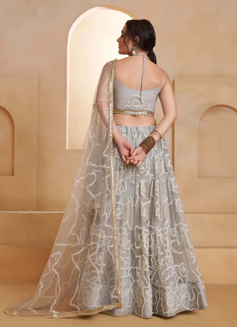 Incredible Net Beads Thread Embroidered Work Light Grey Lehenga Choli - Image 7