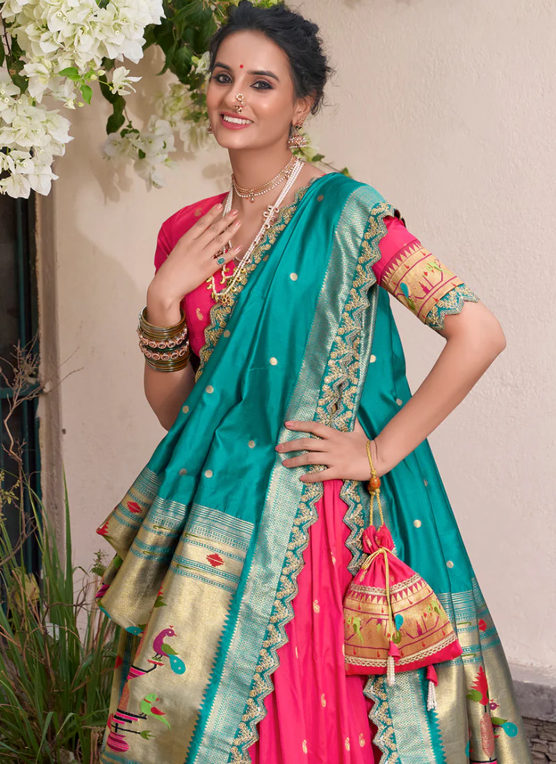 Incredible Pink Zari Weaving Jacquard Silk Paithani Lehenga Choli - Image 2