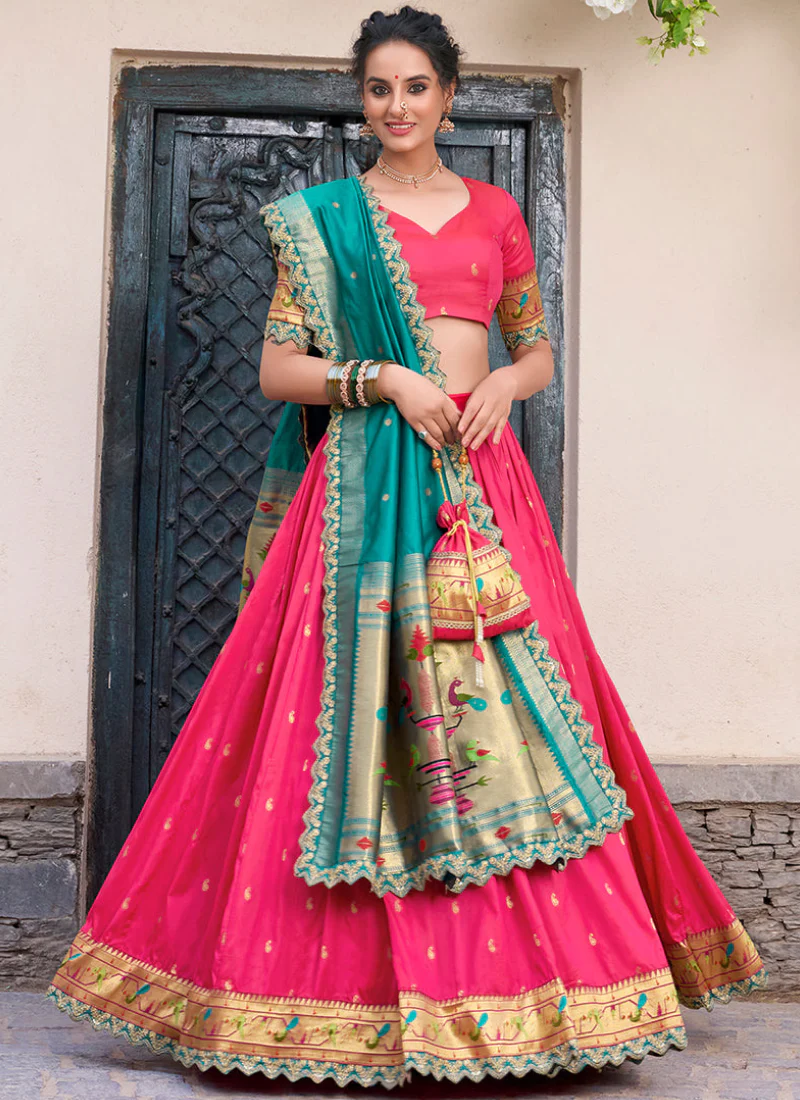 Incredible Pink Zari Weaving Jacquard Silk Paithani Lehenga Choli - Image 3
