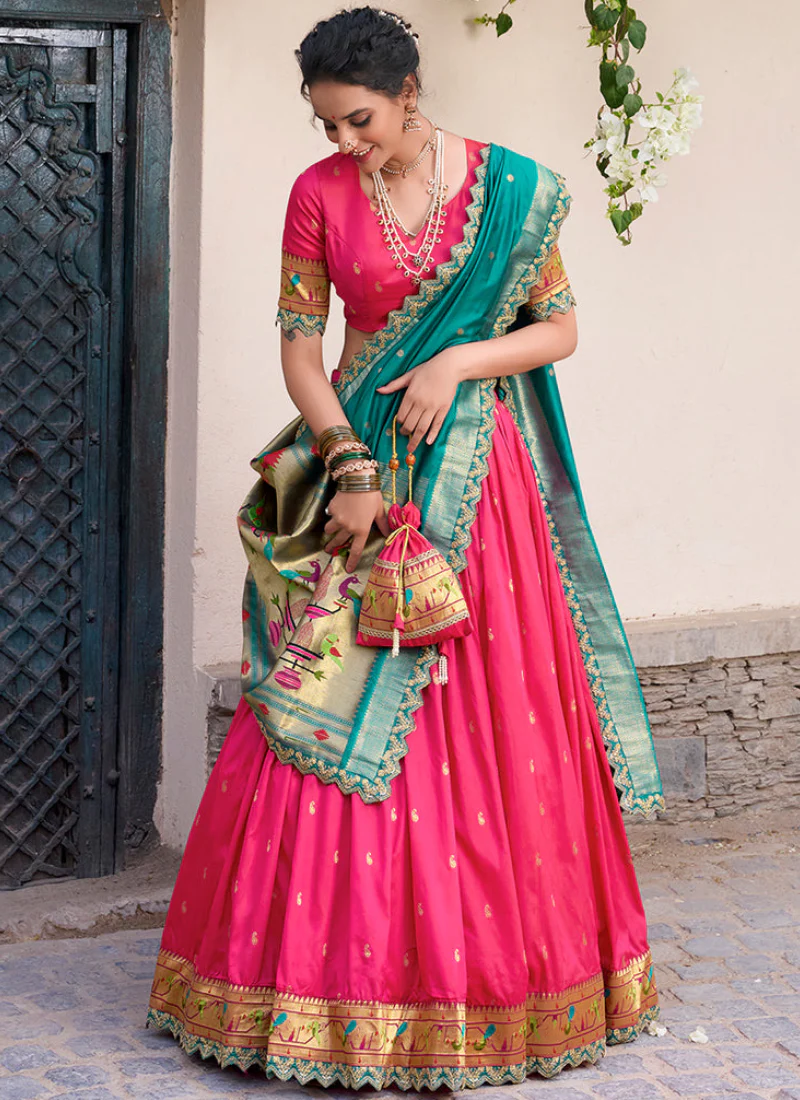 Incredible Pink Zari Weaving Jacquard Silk Paithani Lehenga Choli - Image 5