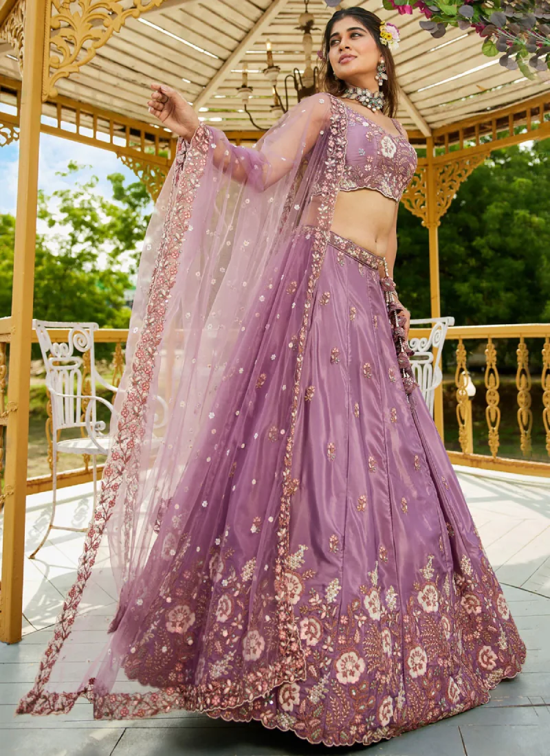 Incredible Satin Silk Zari Sequence Embroidered Purple Lehenga Choli - Image 3
