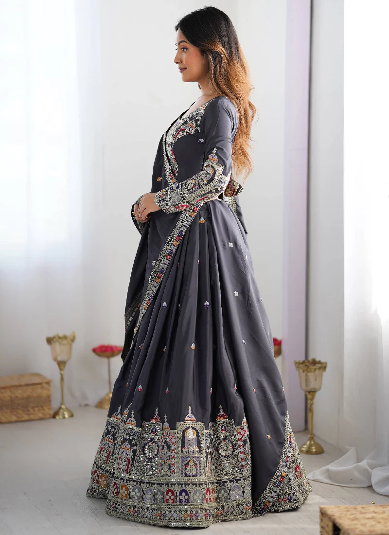 Incredible Silk Thread Embroidered Grey Traditional Lehenga Choli - Image 4