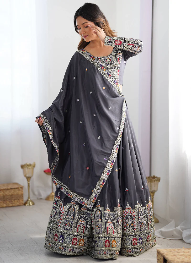 Incredible Silk Thread Embroidered Grey Traditional Lehenga Choli - Image 5