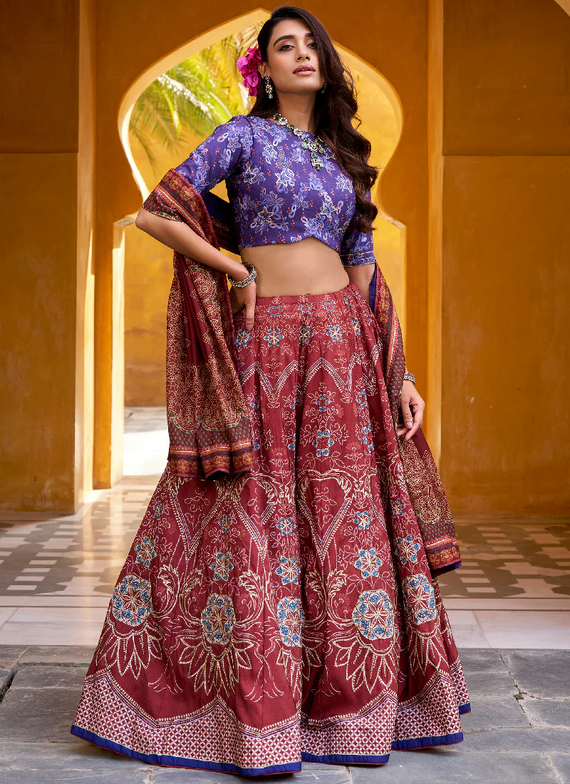 Indian Festival Special Printed Vaishali Silk Maroon Lehenga Choli Set