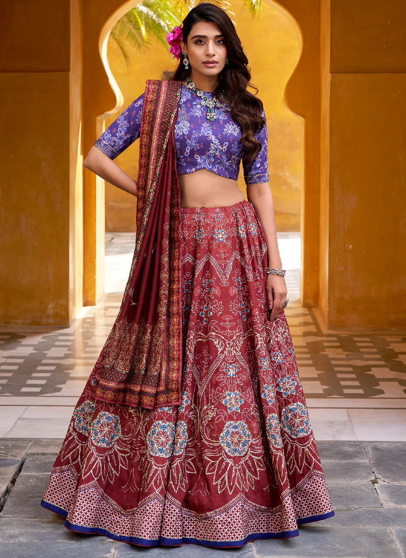 Indian Festival Special Printed Vaishali Silk Maroon Lehenga Choli Set - Image 4