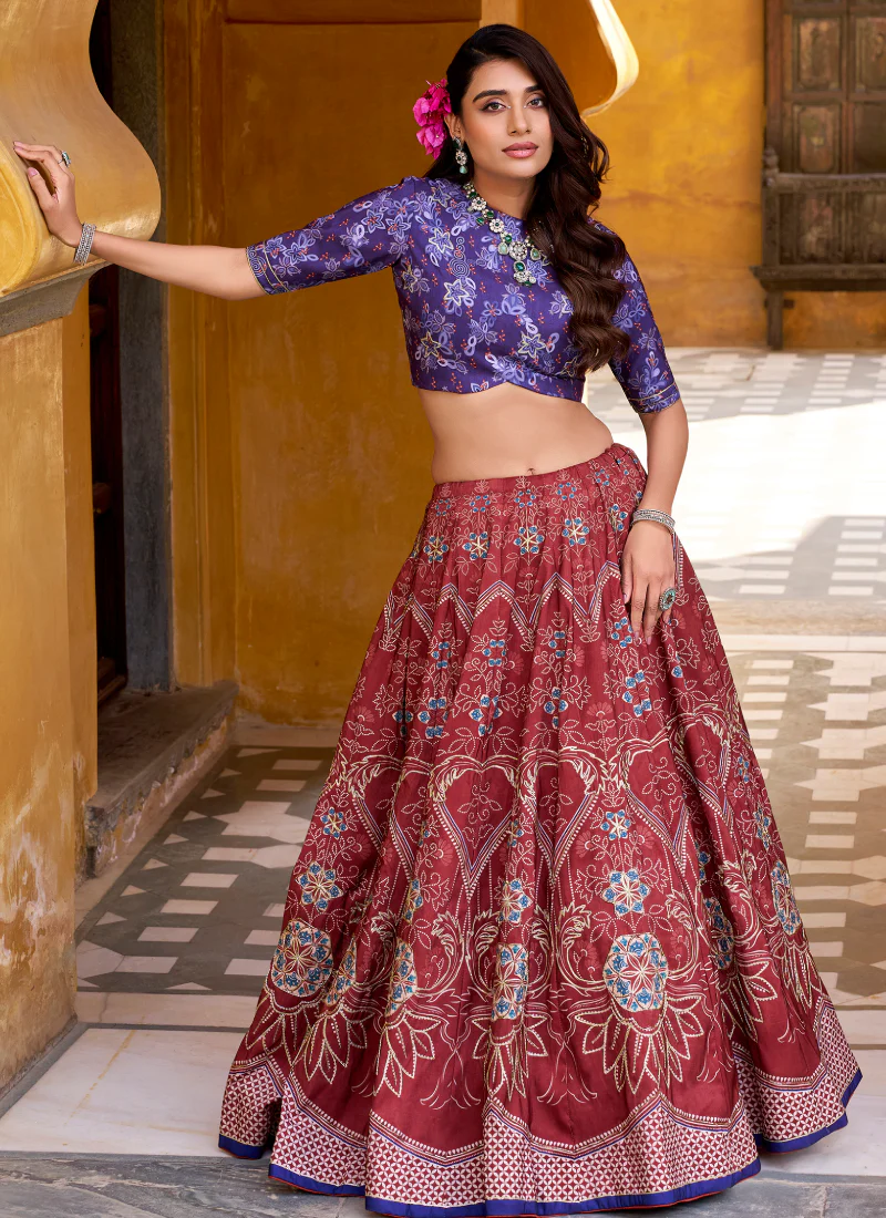 Indian Festival Special Printed Vaishali Silk Maroon Lehenga Choli Set - Image 5