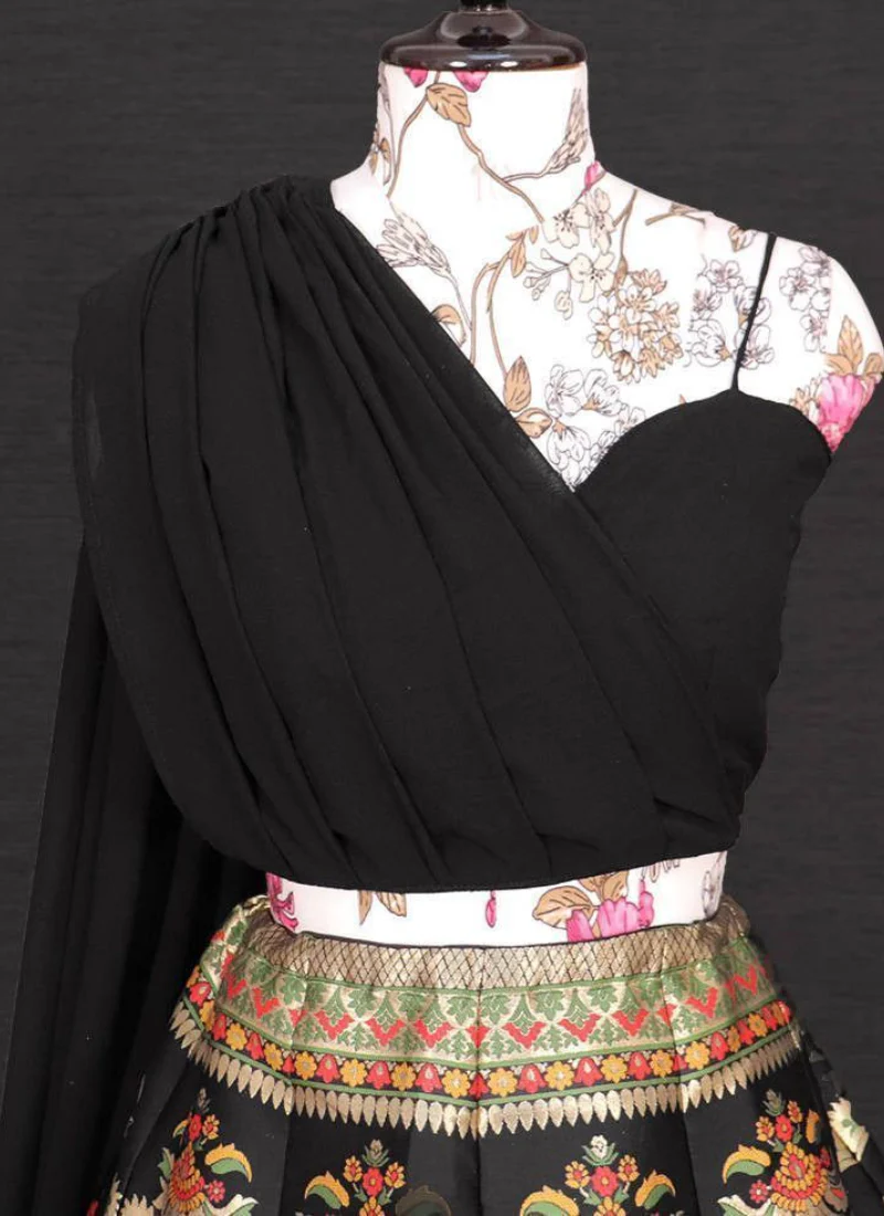 Indo Western Black Banarasi Lehenga With Designer Choli - Image 3