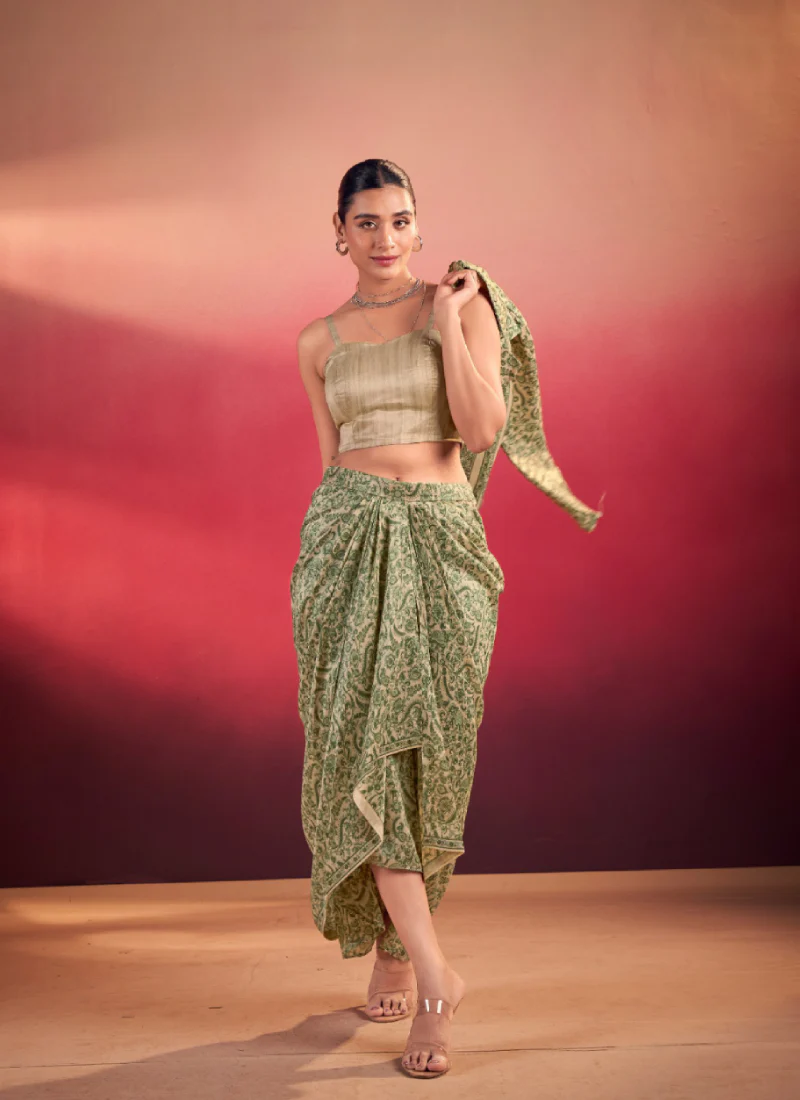 Indo Western Silk Printed Party Wear Green Drape Salwar With Jacket - Image 3