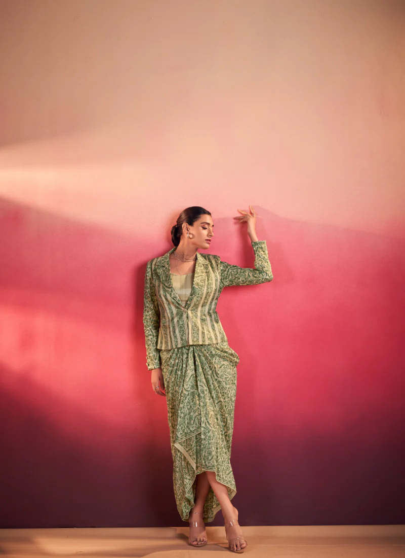 Indo Western Silk Printed Party Wear Green Drape Salwar With Jacket - Image 4