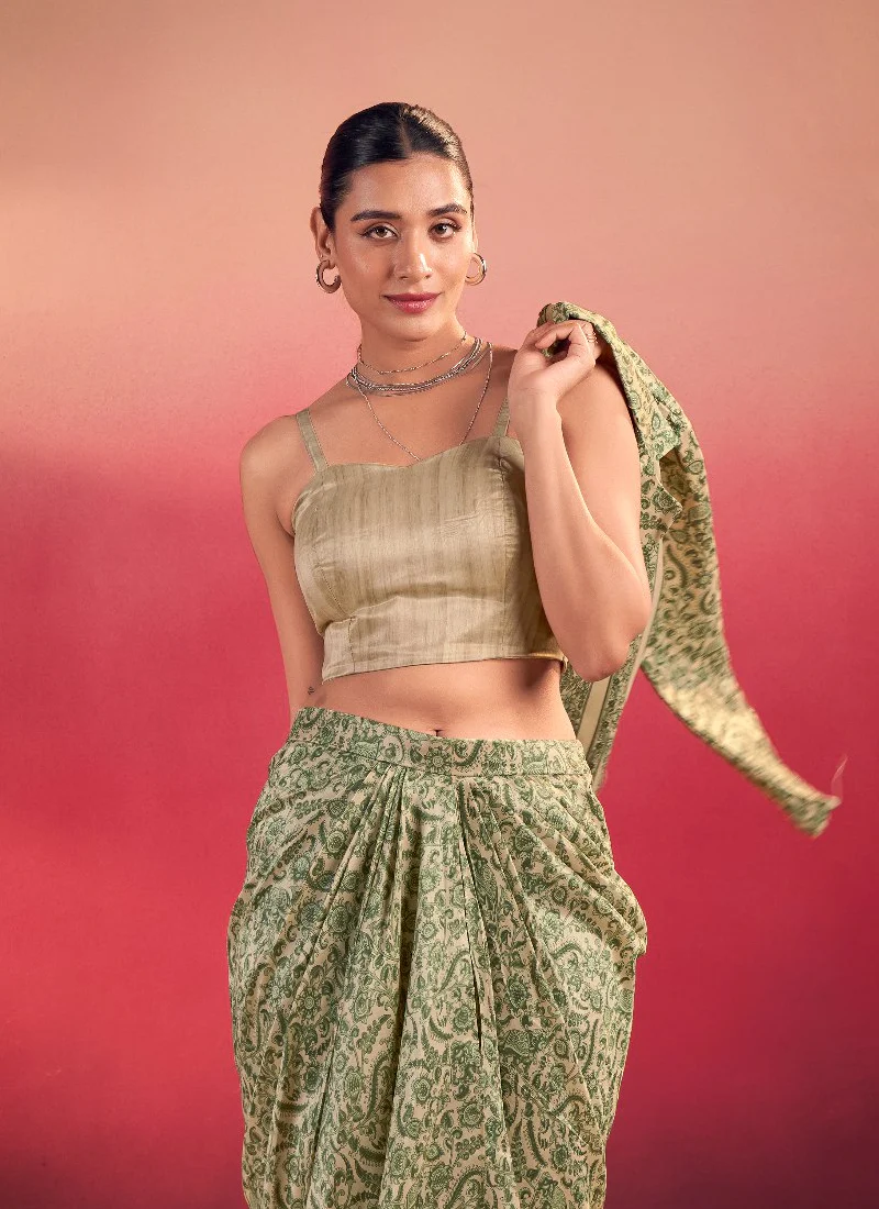 Indo Western Silk Printed Party Wear Green Drape Salwar With Jacket - Image 5