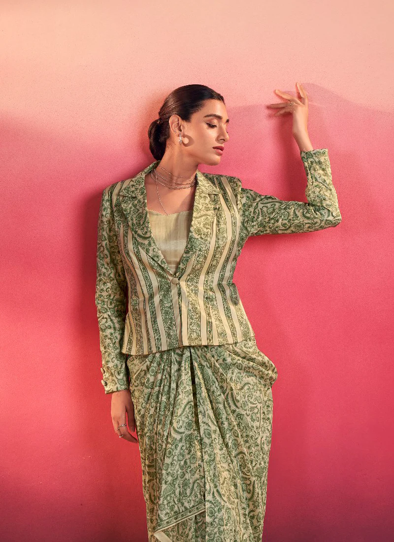 Indo Western Silk Printed Party Wear Green Drape Salwar With Jacket - Image 6