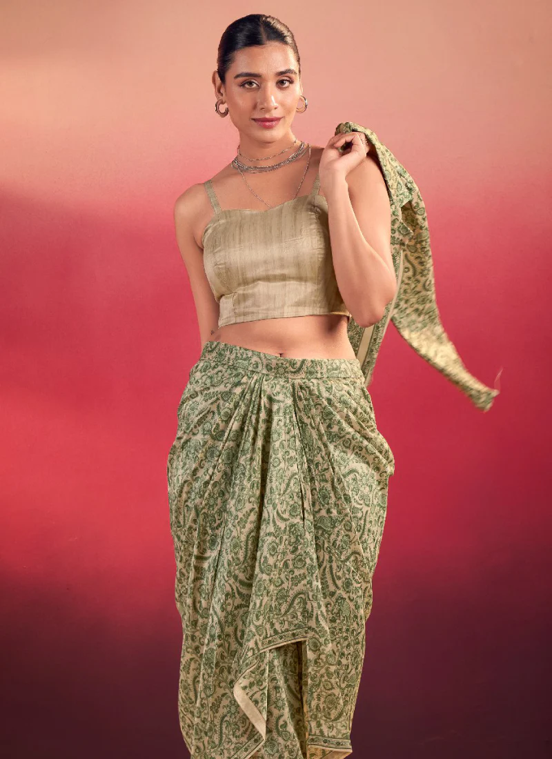 Indo Western Silk Printed Party Wear Green Drape Salwar With Jacket - Image 7
