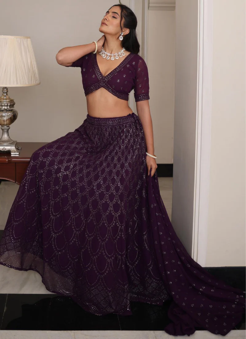 Interesting Georgette Sequence Embroidered Purple Lehenga Choli - Image 3