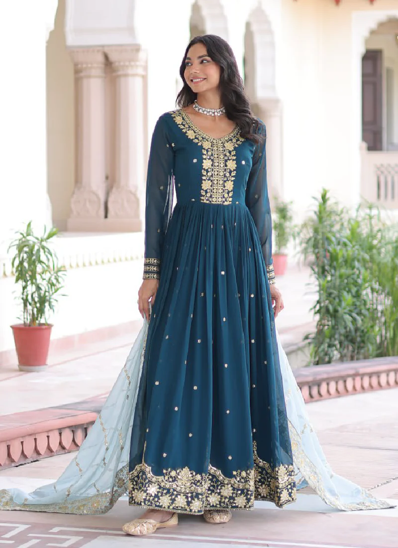 Interesting Georgette Sequence Embroidered Teal Blue Gown With Dupatta - Image 3