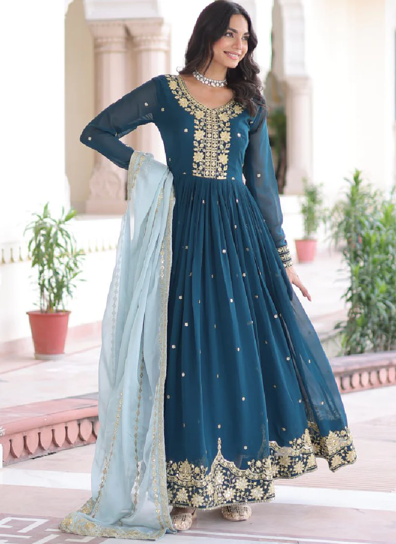 Interesting Georgette Sequence Embroidered Teal Blue Gown With Dupatta - Image 4