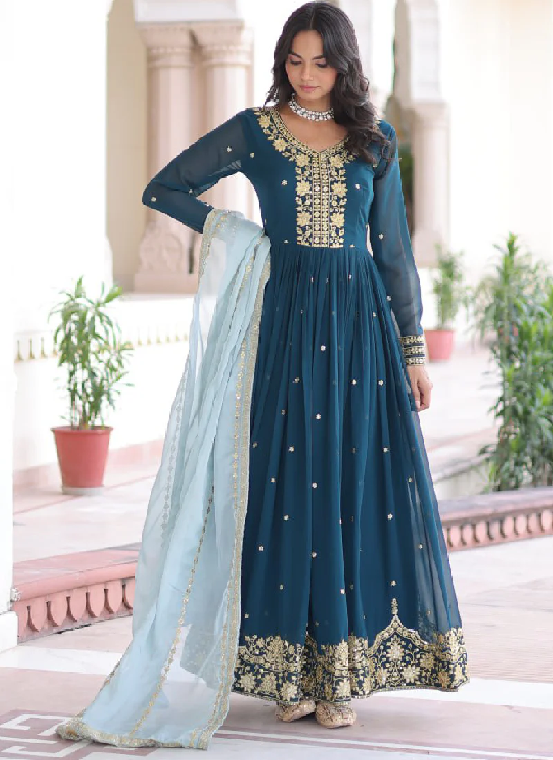 Interesting Georgette Sequence Embroidered Teal Blue Gown With Dupatta - Image 5