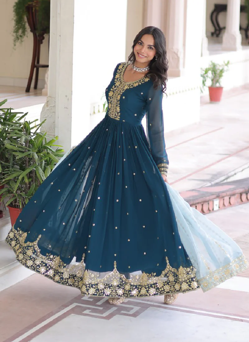Interesting Georgette Sequence Embroidered Teal Blue Gown With Dupatta - Image 6