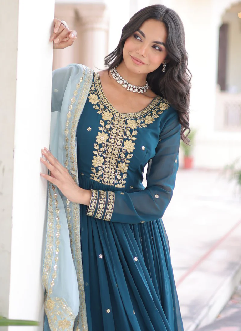 Interesting Georgette Sequence Embroidered Teal Blue Gown With Dupatta - Image 7
