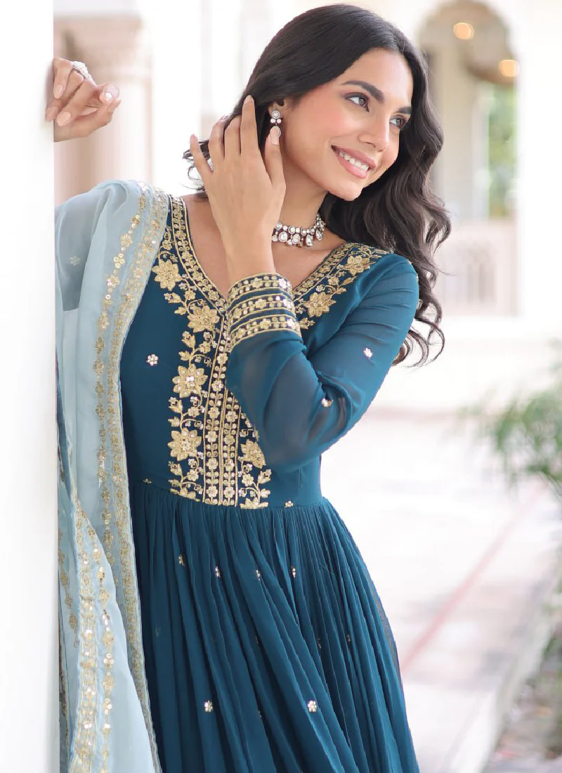 Interesting Georgette Sequence Embroidered Teal Blue Gown With Dupatta - Image 8
