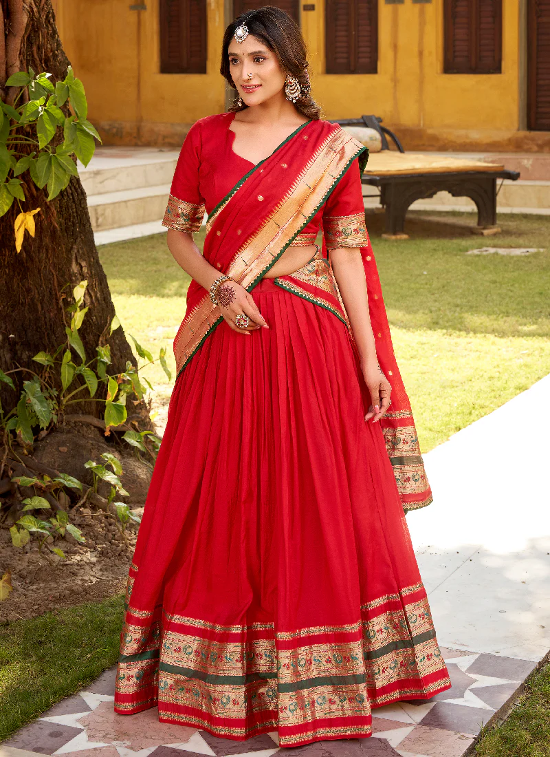 Interesting Red Zari Weaving Work Chanderi Silk Lehenga Choli For Women