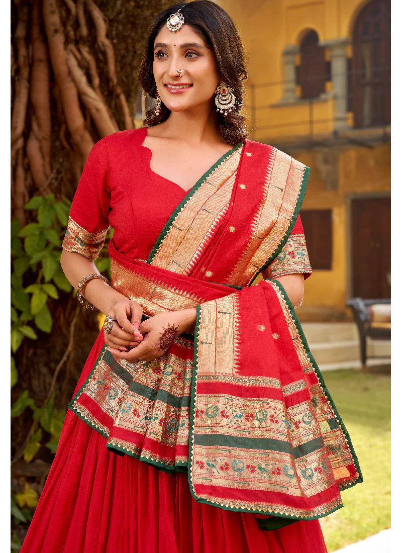 Interesting Red Zari Weaving Work Chanderi Silk Lehenga Choli For Women - Image 2