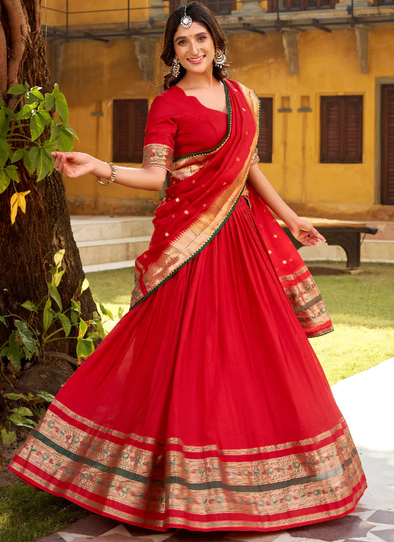 Interesting Red Zari Weaving Work Chanderi Silk Lehenga Choli For Women - Image 3